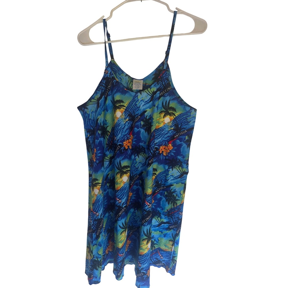 Rima Beachworld Antigua Tropical Palm Tree Blue Sundress L‎ Beachy Vacation